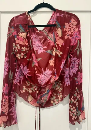 Free People Burgundy Floral Wrap Blouse with Pink Blooms thumbnail 1