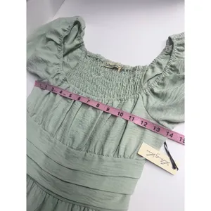 Liberty Love NWT Sage Green Tiered Puff Sleeve Smocked Mini Dress milk maid garden party med thumbnail 6