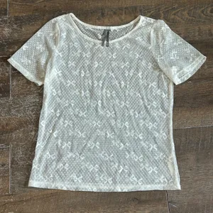 Anthropologie White Sheer Mesh Bow Polka Dot Lace Short Sleeve Top Large thumbnail 1