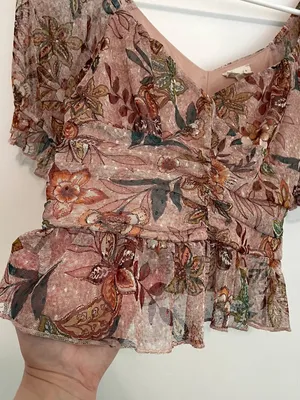MERAKI Mauve Pink Floral Mesh Ruched Short Sleeve Puff Sleeve Crop Top Blouse L thumbnail 8