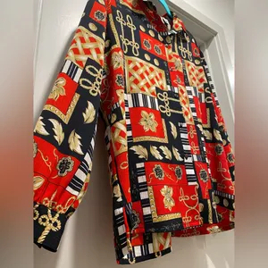 Vintage 80s EHL Red & Black Patterned Long-Sleeve Button-Up Blouse Top thumbnail 4