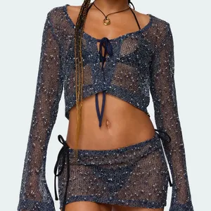 Edikted Idra Crochet Net Tie Front Top NWT size small navy thumbnail 3