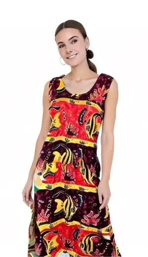 Dunn’s River Falls Jamaica Ocean Fish Sea Life Red Sleeveless Maxi Dress Vintage thumbnail 1