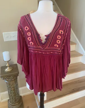 Flowy Maroon Hippie Top Embroidered Top Batwing Shirt Womens M Earthy thumbnail 3