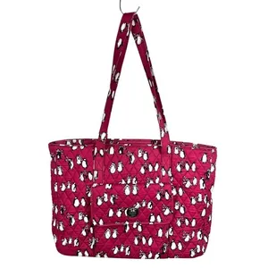 Vera Bradley‎ Quilted Playful Penguins Turnlock Tote Bag Crimson Red Retired thumbnail 2