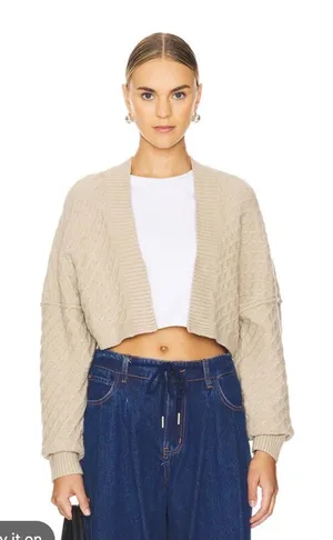 Free People Cable Knit Cardigan‎ Womens Medium Tan Excellent Cropped Open Front thumbnail 1