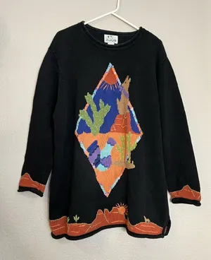 The Quacker Factory Black Orange Cactus Knit Sweater Southwestern coyote 1x thumbnail 1