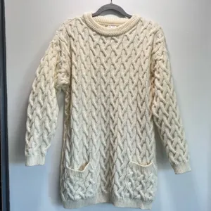 Vintage‎ Italian Cable Knit Tunic Sweater with Pockets Cream Wool Size M thumbnail 1