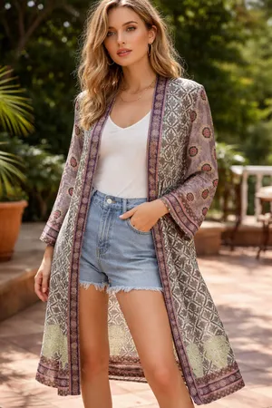 Zara Printed Long Kimono Duster – Boho Open Front Layer – Size M thumbnail 1