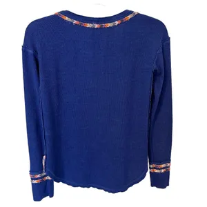 Free People Royal Blue Rainbow Embroidered Henley Thermal Top‎ Boho Small thumbnail 3