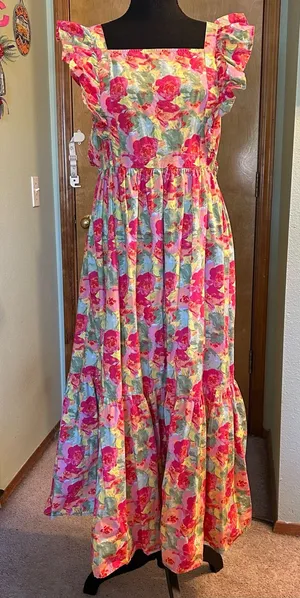 Peyton & Parker pink floral tiered maxi dress tie back design open back ruffle L thumbnail 1