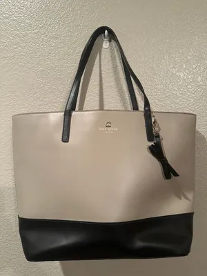 NWOT Kate Spade Black n Beige Leather Kristen Top Zip Tote Bag thumbnail 1