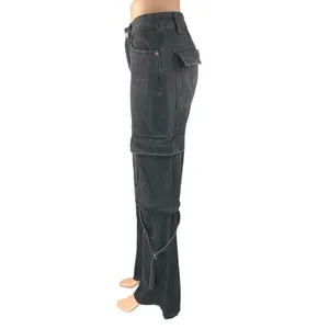 Zara Women's Black Straight Wide Leg Mid Rise Baggy Cargo Denim Jeans Pants Sz 2 thumbnail 2