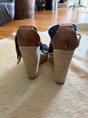 Steve Madden Navy Braided Espadrille Wedges with Tan Trim thumbnail 3