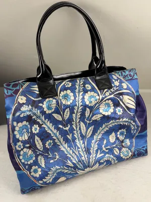 Abbi Artsy Floral‎ Print Satin Shoulder Tote Bag Blue Purple Patent Trim Large thumbnail 1