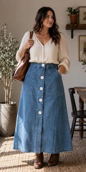 Retro Denim Maxi Skirt Womens Large Blue Button Front A-Line Boho thumbnail 1