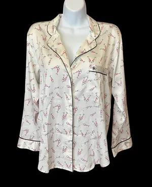 Victoria’s Secret Satin Feel Champagne Print Pajama Top Medium White Pink Black thumbnail 3