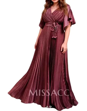 MISSACC Maxi Gown Size‎ 10 Cabernet Pleated Flutter Sleeve Floral Applique NWT thumbnail 1