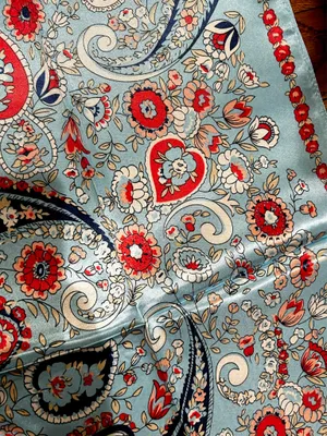 VINTAGE aqua blue paisley super boho print oversized silky scarf 35/35 thumbnail 3