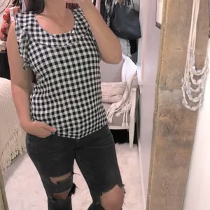 LOFT size small black checkered ruffle top thumbnail 2