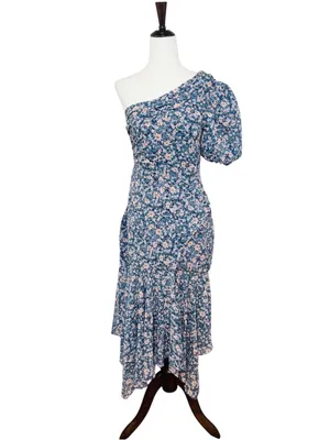 ASTR Santorini One Shouler Midi Dress Medium Blue Floral Wedding Guest Romantic thumbnail 2