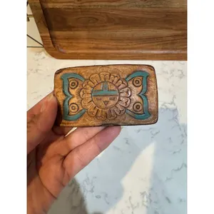 vintage Zuni-style, hand-tooled leather belt buckle Southwestern Sun Face design thumbnail 2