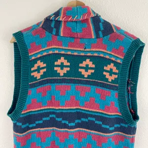 Vintage 90s Teal Blue Pink Southwestern Aztec Button Up Sweater Vest thumbnail 10