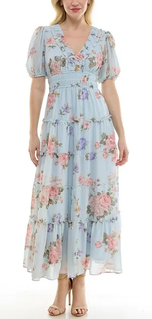 Maison Tara Romantic Floral Baby Blue Tiered Maxi Dress Large thumbnail 1