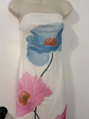 Strapless Mini Dress White Blue Pink Poppy Floral Stretch Size M No Tag thumbnail 3