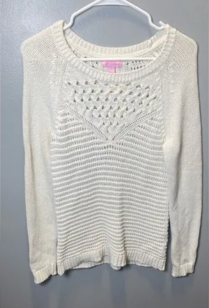 Lilly Pulitzer Women's Chunky Knit Long Sleeve Cream Crew Neck Sweater‎ SZ Large thumbnail 1