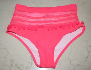 Hot pink triangle pom pom bikini two piece, high waisted bottoms thumbnail 4