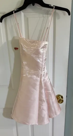 Lucy in the Sky Pink Satin Crisscross Back Mini Dress Light Pink Sz L thumbnail 1
