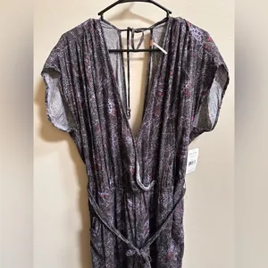 NEW Free People Universal Surplice Jumpsuit Purple Paisley Boho Cottage Whimsy L thumbnail 5