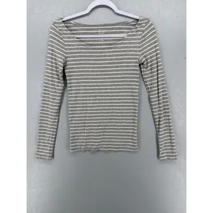 Gap Womens Top Gray White Striped Ribbed Scoop Neck Long Sleeve XS thumbnail 2