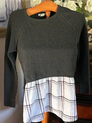 Club Monaco Black Waffle-Knit Long Sleeve Layered Sweater insert Plaid Hem Sz M thumbnail 1