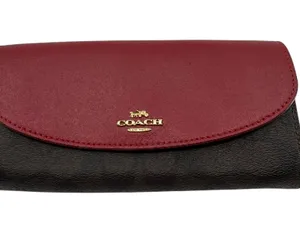 Coach Signature Flap Brown Burgundy Coated Canvas Leather Wa thumbnail 1
