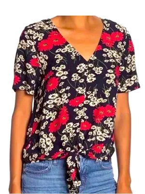 Madewell Navy Hillside Daisy V-Neck Tie-Front Top with Floral Print Sz M thumbnail 1