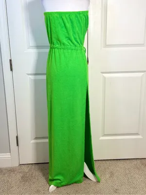 Vintage Chantel Terry Cloth Maxi Dress M Lime Green Strapless Pool Cover Up Slit thumbnail 5