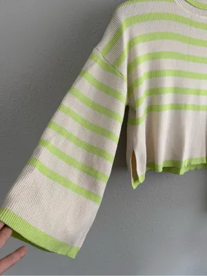 Nasty Gal Striped Crop Turtleneck Sweater in Cream & Lime thumbnail 3