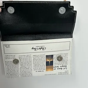 Befet Bay Newspaper Print‎ Envelope Clutch Crossbody Bag Gold Chain White Black thumbnail 5
