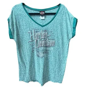Harley Davidson Womens Size Large Green V-Neck Tee Biker Motorcycle Logo Y2K thumbnail 1