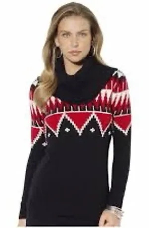 Lauren Ralph Lauren Fair Isle Cowl Neck Sweater Black Red Wool Blend Small thumbnail 1