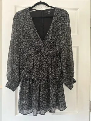 Lulu's Black Floral V-Neck Mini Dress. thumbnail 3