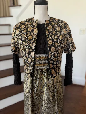 Vintage 70s Black & Metallic Gold Brocade Maxi Dress Matching Jacket Set thumbnail 1