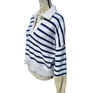 Madewell Striped Polo Sweater Medium‎ White Navy Blue V-Neck Knit Top P2709 thumbnail 2