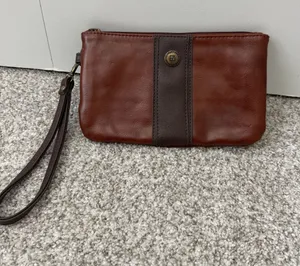 Vintage 1990s Stone Mountain Brown Two-Tone Faux Leather 9" Wristlet Clutch thumbnail 1