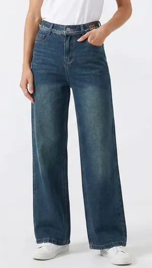 Dark Wash Wide Leg High Waisted Jeans Frayed Waistband Detail Small thumbnail 1
