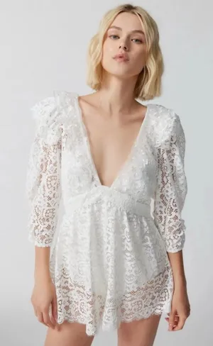 For Love And Lemons White Lace Deep V Romper thumbnail 1