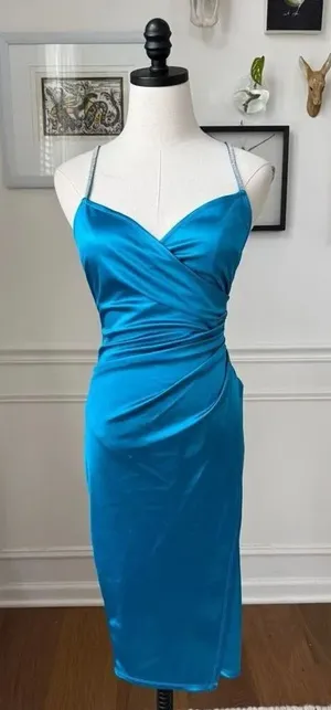 Camille La Vie Brilliant Blue Satin Ruched Cocktail Dress Rhinestone Straps M thumbnail 1