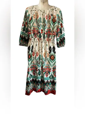 VENUS Printed V-Neck Midi Dress in Green, Cream & Orange thumbnail 5